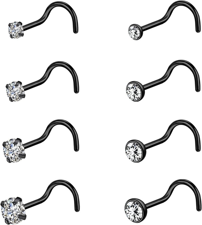 AccGin Store 6-10Pcs 18G 20G Nose Ring Surgical Steel Nose Rings Studs Piercing For Women Men 1.5mm 2mm 2.5mm 3mm Round Diamond CZ L Shaped Corkscrew Gold Black Silver Nose Piercing Hypoallergenic - Image 1